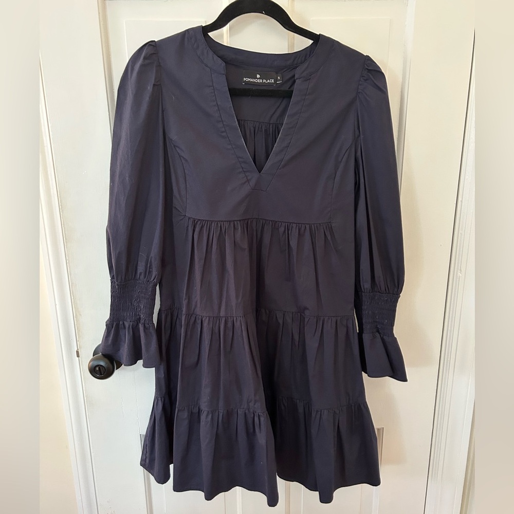 POMANDER PLACE X TUCKERNUCK NAVY BLUE CREPE KENZO DRESS SIZE SMALL
